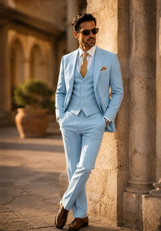 Costume Trois Pièces Homme Coupe Slim avec Col Notch et Gilet Col V