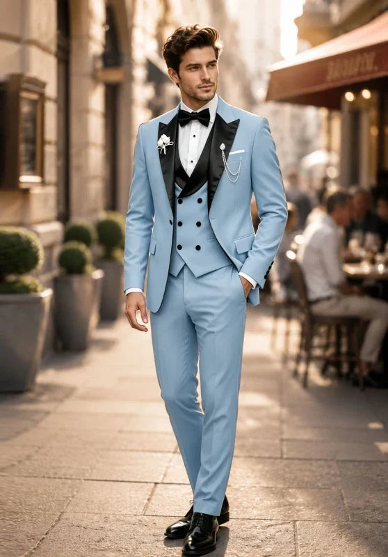 Costume Trois Pièces Homme Coupe Slim avec Col Peak Contrastant et Gilet Croisé
