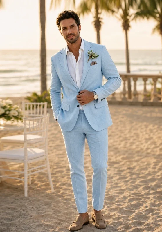 Traje de dos piezas para hombre de corte slim en lino, con solapas de muesca y bolsillos con solapa
