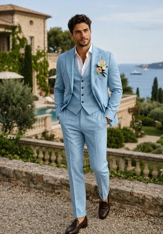Costume Trois Pièces Homme en Lin avec Col Notch et Gilet Assorti