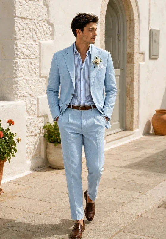 Costume Deux Pièces Homme Coupe Slim en Lin avec Col Peak et Poches Plaquées
