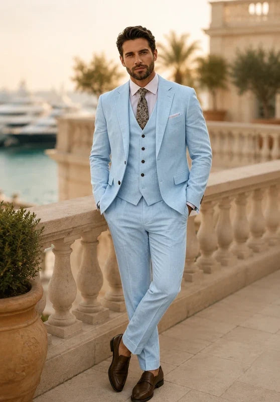 Costume Trois Pièces Homme Coupe Ajustée en Lin avec Col Notch et Veste à Fentes