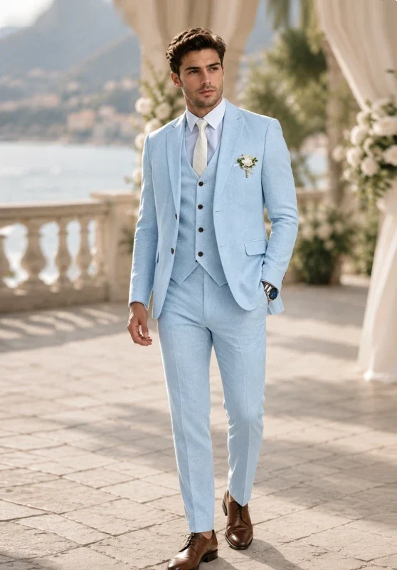 Costume Trois Pièces Homme Coupe Regular en Lin avec Col Notch et Gilet Boutonné