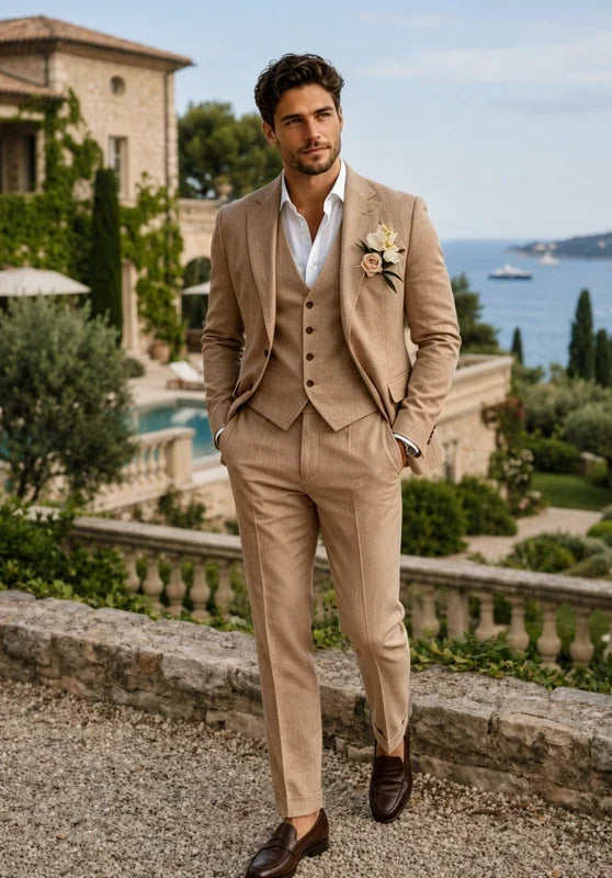 Costume Trois Pièces Homme en Lin avec Col Notch et Gilet Assorti
