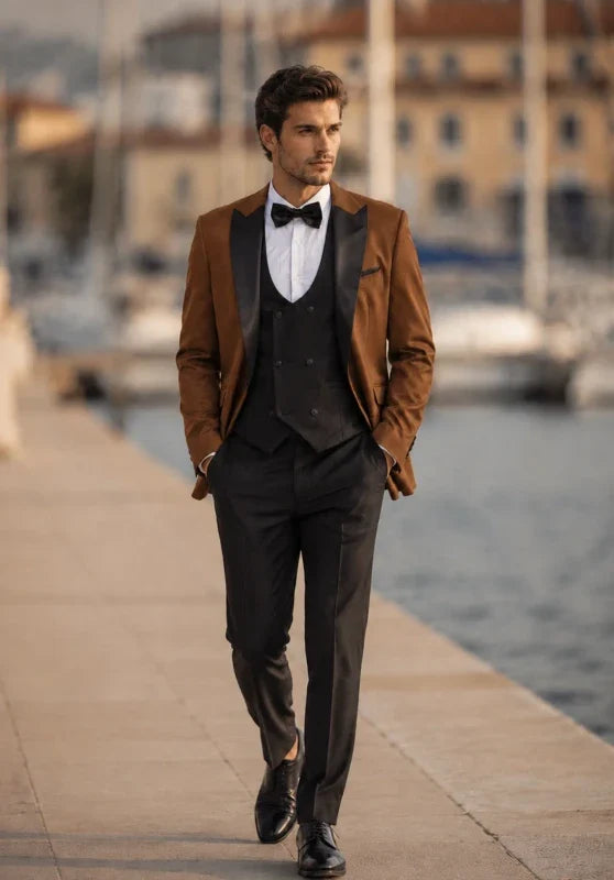 Costume Trois Pièces Homme Coupe Classique avec Col Contrastant et Gilet Boutonné