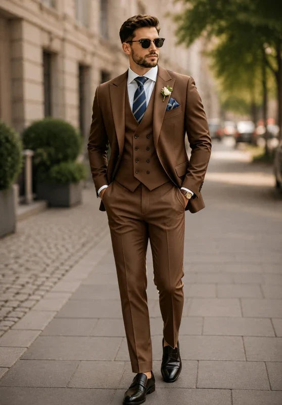 Costume Trois Pièces Homme Coupe Slim Infroissable avec Col Peak et Gilet Croisé