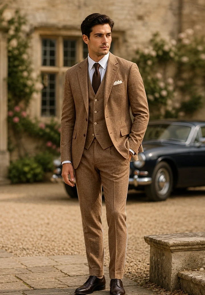 Costume Trois Pièces Homme Coupe Ajustée en Lin avec Col Notch et Gilet Cinq Boutons