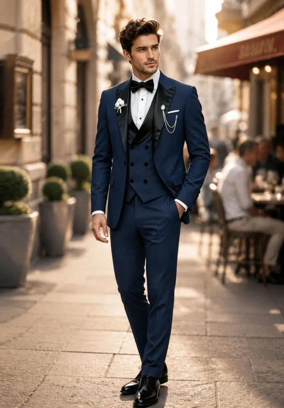 Costume Trois Pièces Homme Coupe Slim avec Col Peak Contrastant et Gilet Croisé