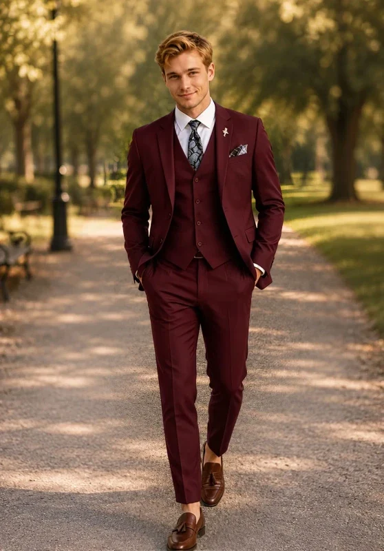 Costume Trois Pièces Homme Coupe Slim avec Col Notch et Gilet Cinq Boutons