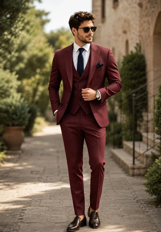 Heren driedelig pak met slim fit, met contrasterende revers en een gilet met knopen