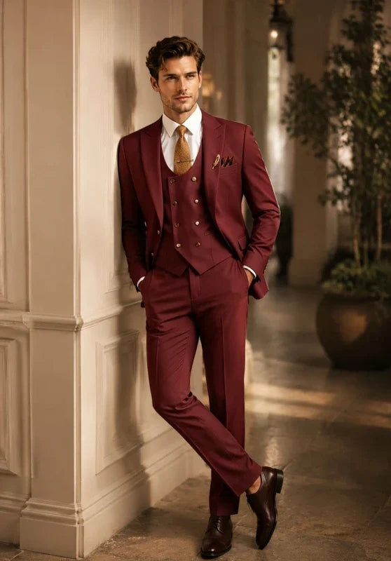Costume Trois Pièces Homme Coupe Slim Élégant avec Col Peak et Gilet Croisé