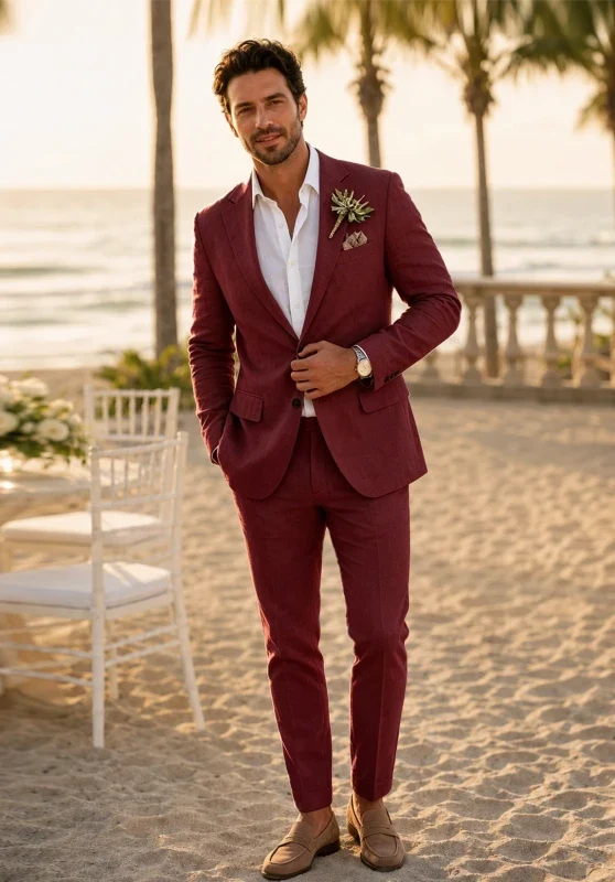 Traje de dos piezas para hombre de corte slim en lino, con solapas de muesca y bolsillos con solapa