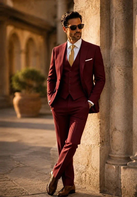 Costume Trois Pièces Homme Coupe Slim avec Col Notch et Gilet Col V