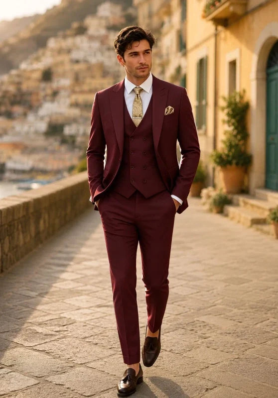 Costume Trois Pièces Homme Coupe Slim avec Col Peak et Gilet Croisé