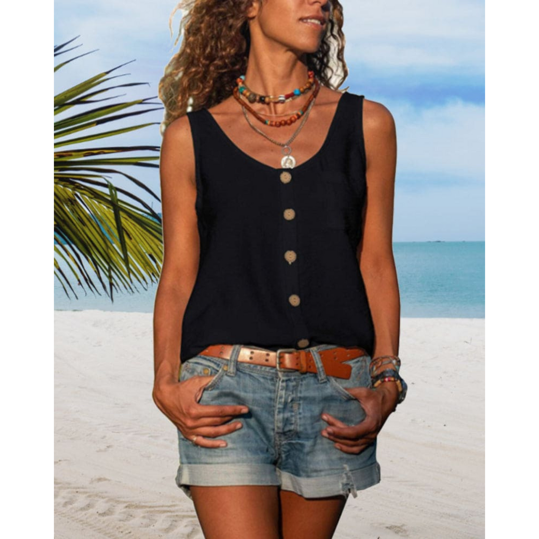 Top fluide pour homme, couleur noire, avec des boutons en bois et une coupe décontractée. Parfait pour un look élégant et estival, idéal à associer avec des shorts ou des pantalons décontractés.