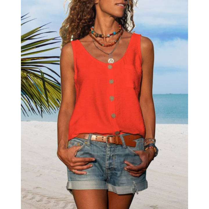 Top fluide pour homme, couleur rouge, avec des boutons en bois et une coupe décontractée. Parfait pour un look estival vibrant et confortable, idéal à porter avec des shorts ou des pantalons légers.