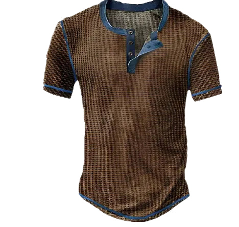 T-shirt pour homme au style vintage et moderne, de couleur marron texturée, avec manches courtes, col boutonné contrasté et finitions bleues, offrant une allure décontractée et authentique.