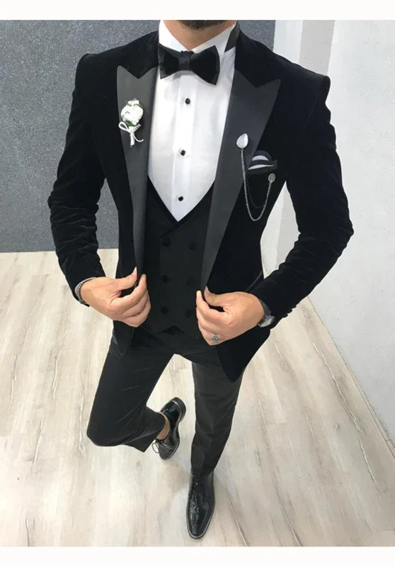 Men's Slim Fit Three-Piece Velvet Suit with Contrasting Lapel and Bow Tie