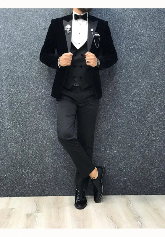 Men's Slim Fit Three-Piece Velvet Suit with Contrasting Lapel and Bow Tie