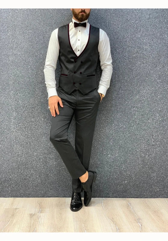 Men's Slim Fit Three-Piece Velvet Suit with Contrasting Lapel and Bow Tie