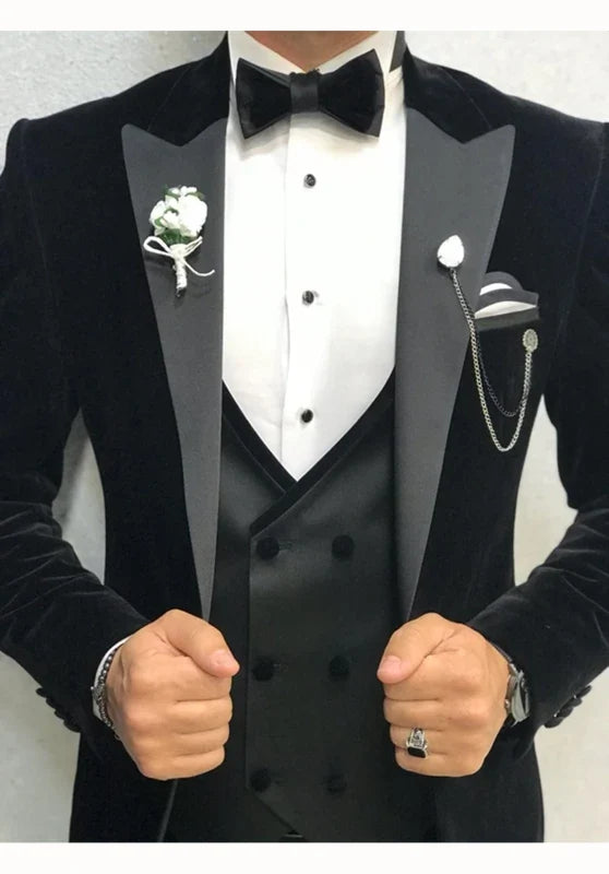 Men's Slim Fit Three-Piece Velvet Suit with Contrasting Lapel and Bow Tie