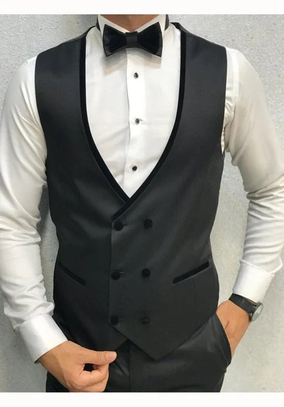 Men's Slim Fit Three-Piece Velvet Suit with Contrasting Lapel and Bow Tie