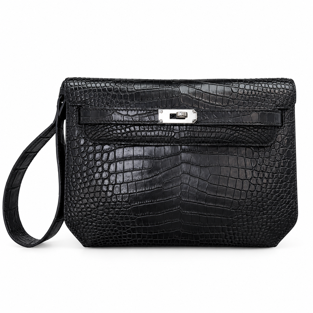 Cartera de mano para mujer de cuero efecto cocodrilo con cierre giratorio y correa de muñeca