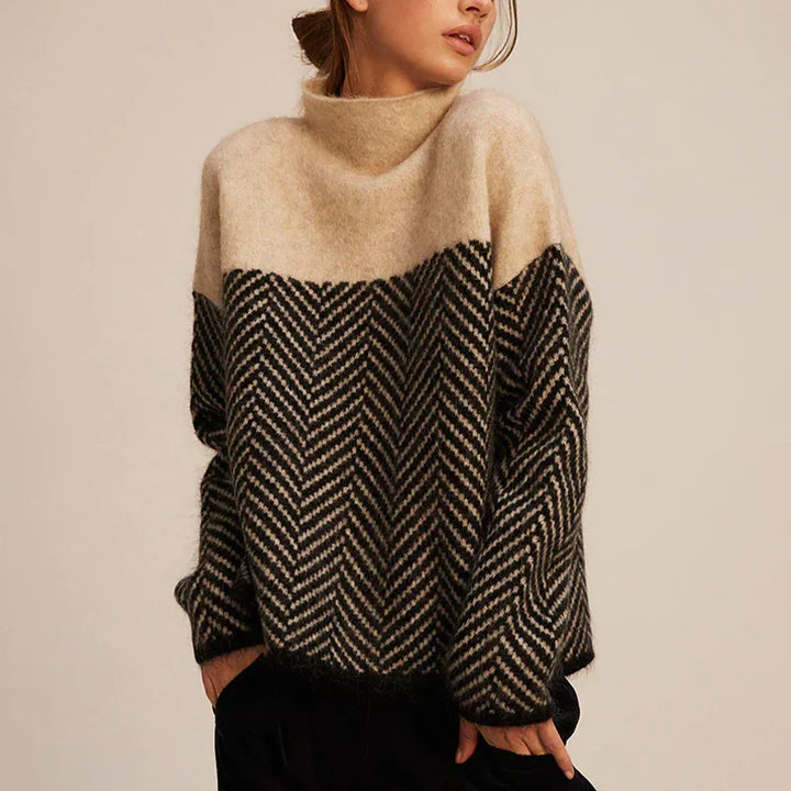 Maglione da donna a collo alto - Maglia testurizzata con motivo a chevron