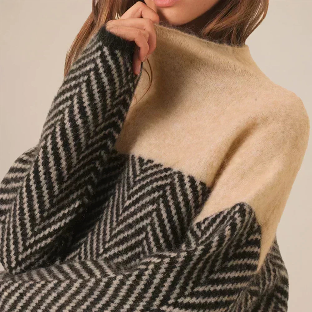 Maglione da donna a collo alto - Maglia testurizzata con motivo a chevron