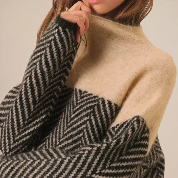 Maglione da donna a collo alto - Maglia testurizzata con motivo a chevron
