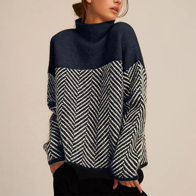 Maglione da donna a collo alto - Maglia testurizzata con motivo a chevron