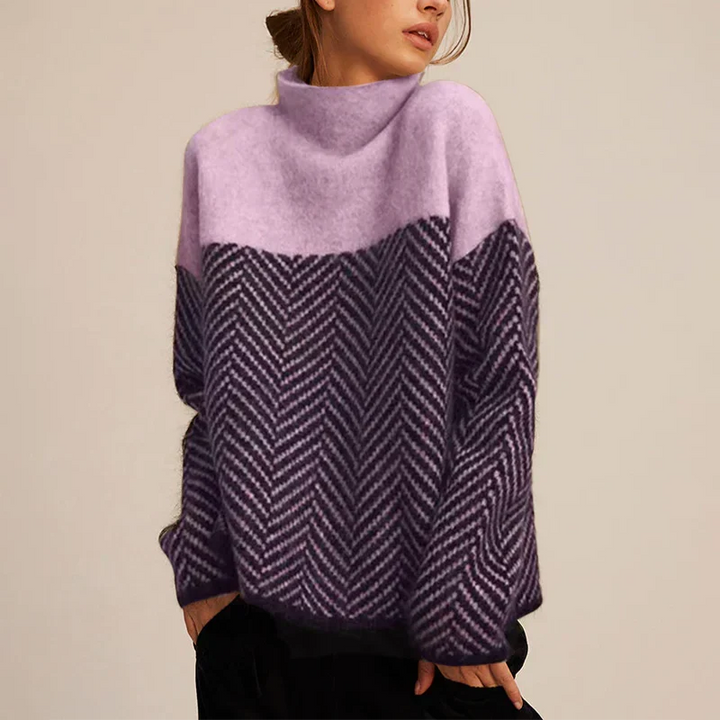 Maglione da donna a collo alto - Maglia testurizzata con motivo a chevron