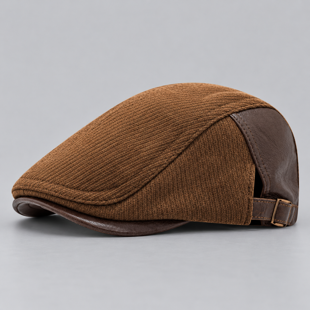 Flache Herren-Cap aus Wolle und Leder mit verstellbarem Riemen