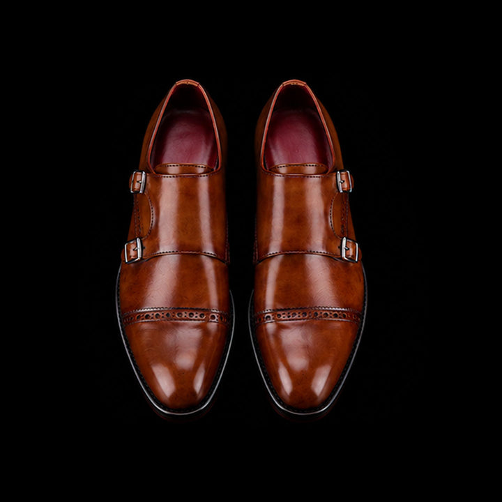 Men's double-buckle shoes in burnished leather with straight toe