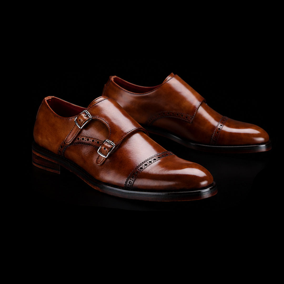 Men's double-buckle shoes in burnished leather with straight toe