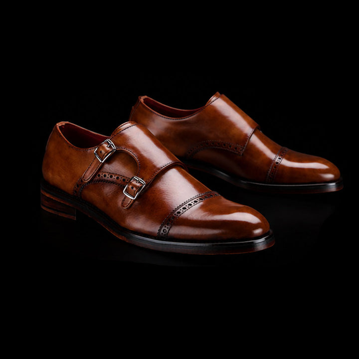 Men's double-buckle shoes in burnished leather with straight toe