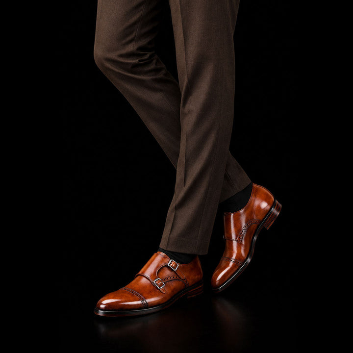 Men's double-buckle shoes in burnished leather with straight toe