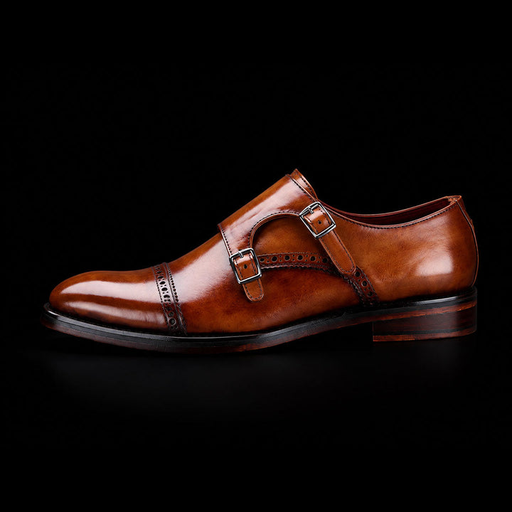Men's double-buckle shoes in burnished leather with straight toe