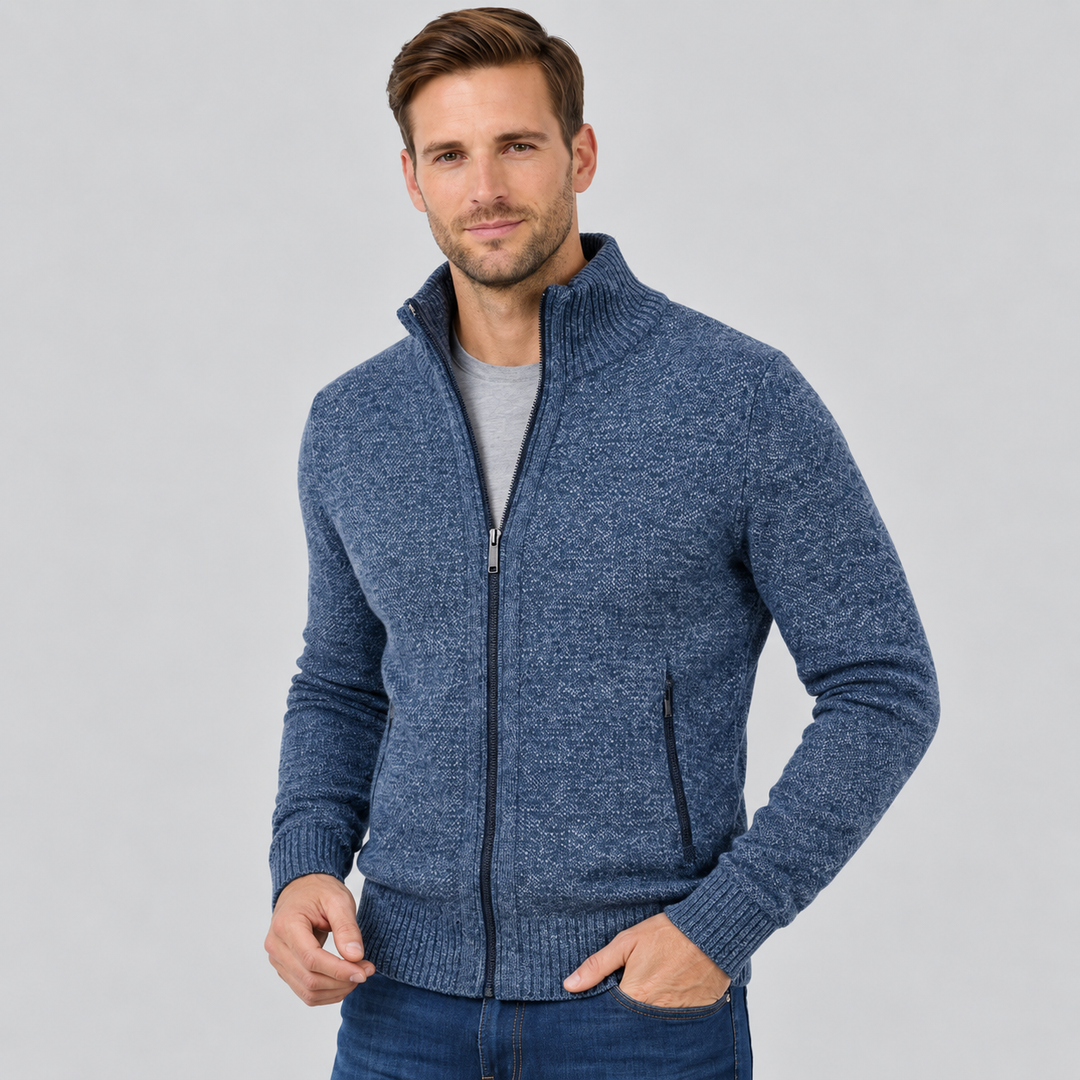 Pull Homme en Laine Mérinos Entièrement Zippé Col Montant