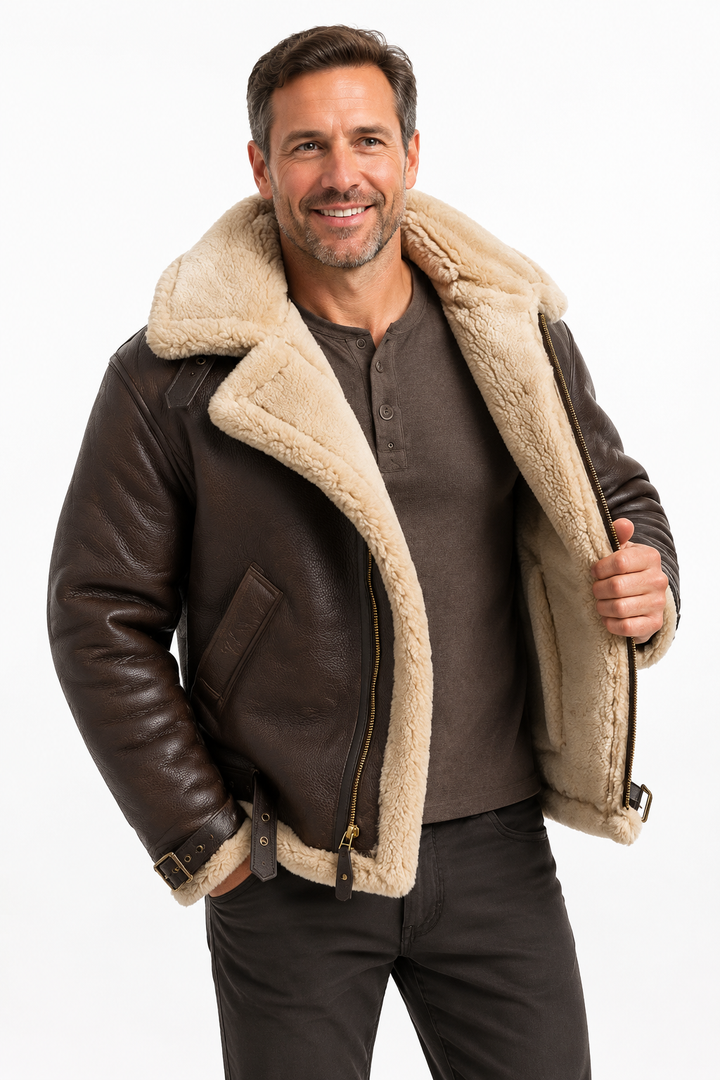 Veste en Cuir d'Agneau Véritable pour Homme avec Col en Fausse Fourrure