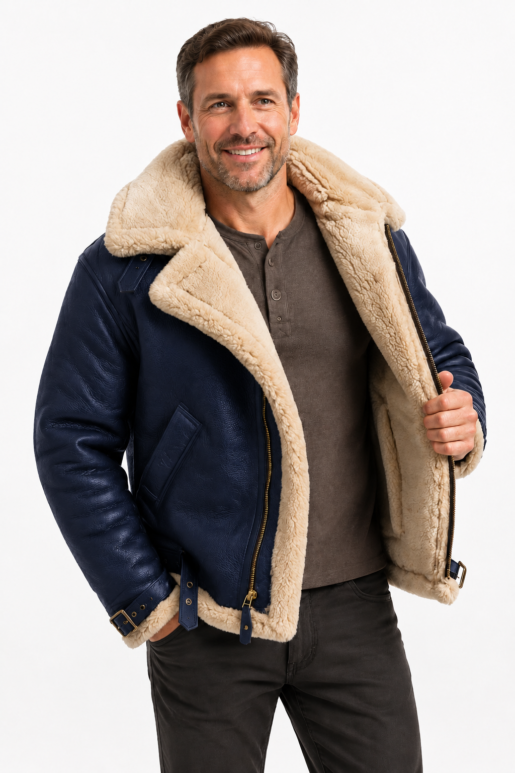 Veste en Cuir d'Agneau Véritable pour Homme avec Col en Fausse Fourrure