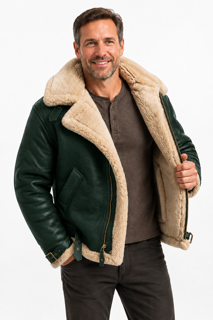 Veste en Cuir d'Agneau Véritable pour Homme avec Col en Fausse Fourrure