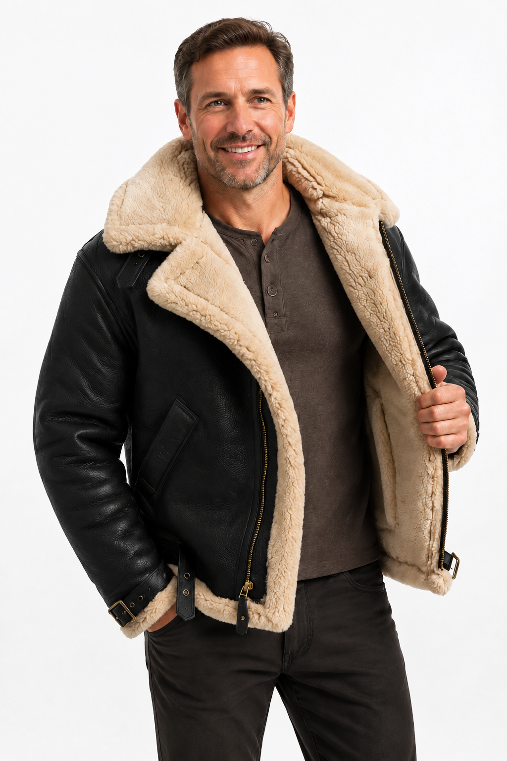 Veste en Cuir d'Agneau Véritable pour Homme avec Col en Fausse Fourrure