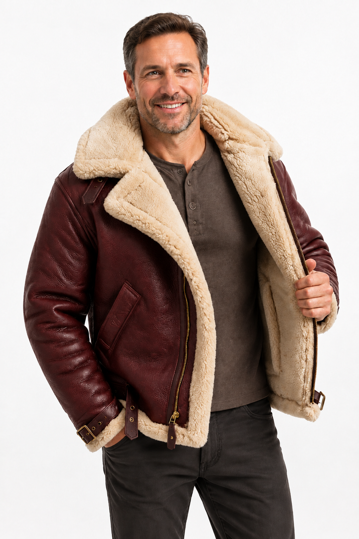 Veste en Cuir d'Agneau Véritable pour Homme avec Col en Fausse Fourrure