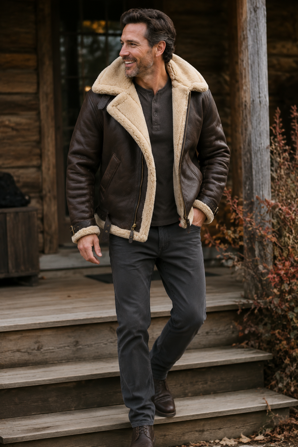 Veste en Cuir d'Agneau Véritable pour Homme avec Col en Fausse Fourrure