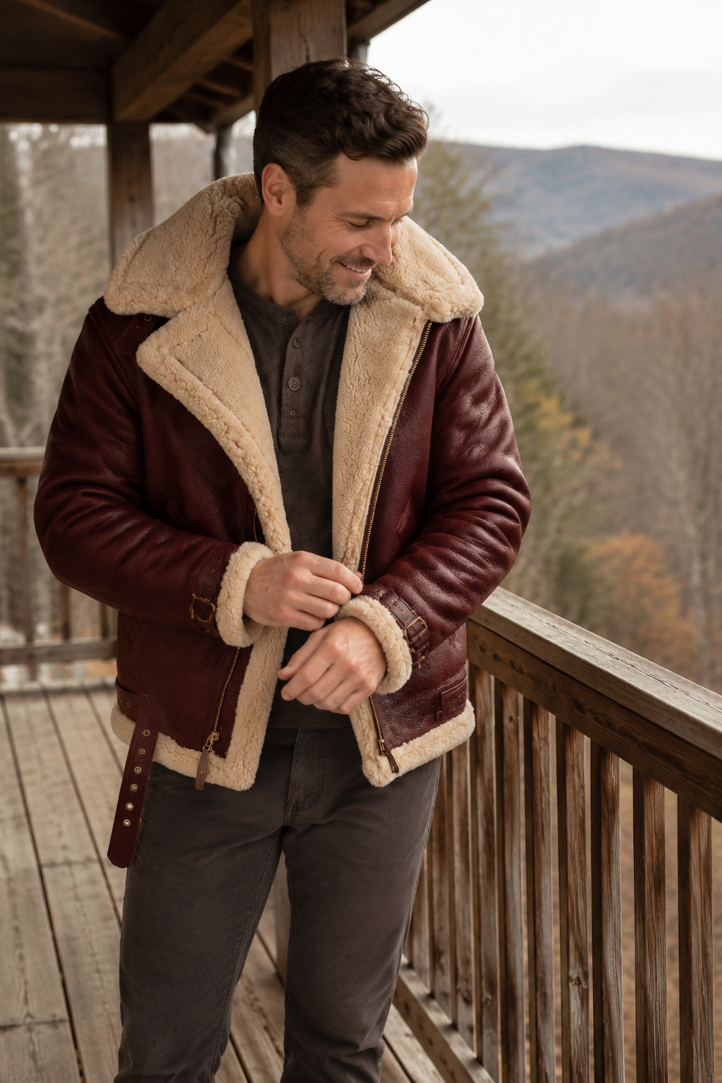 Veste en Cuir d'Agneau Véritable pour Homme avec Col en Fausse Fourrure