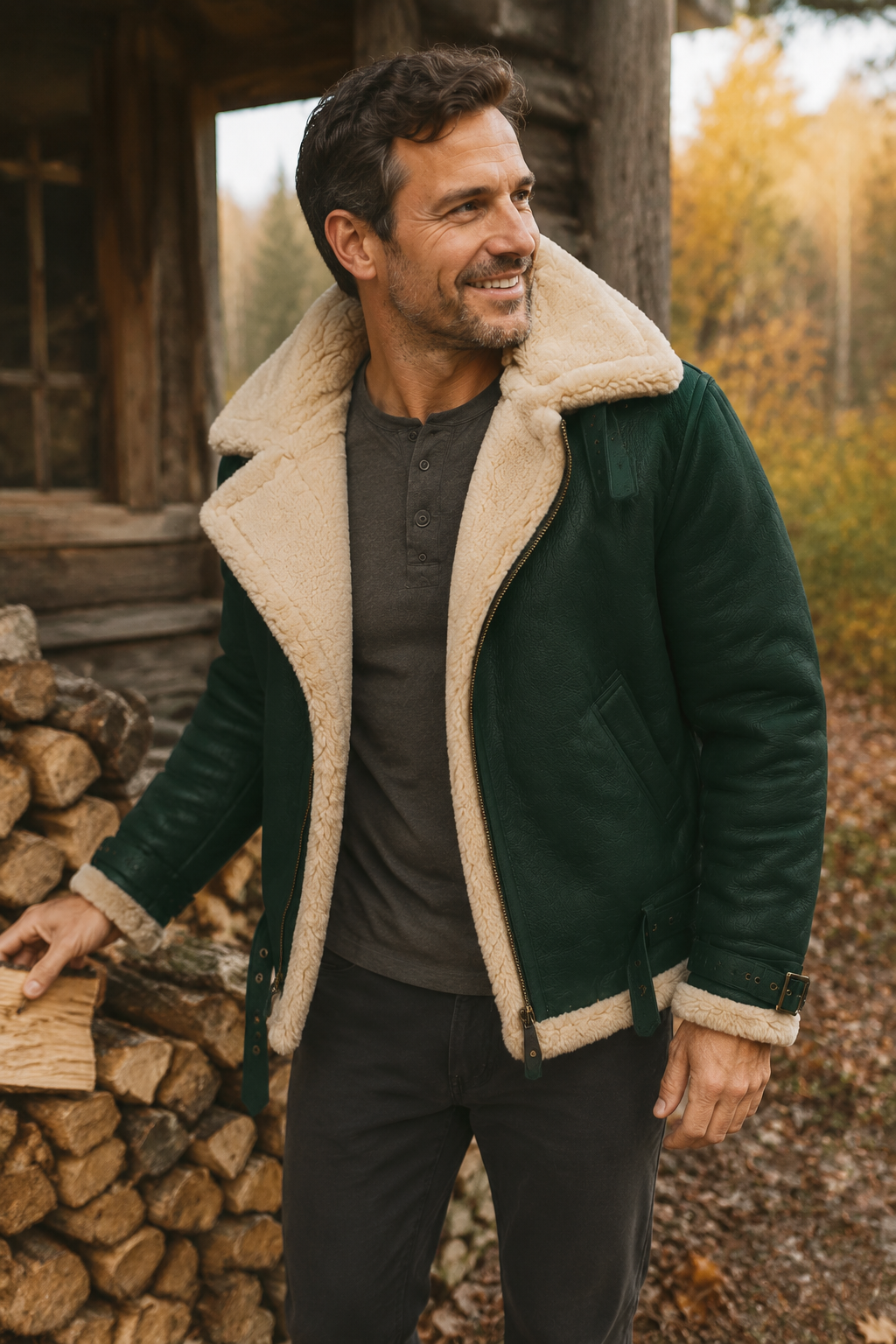 Veste en Cuir d'Agneau Véritable pour Homme avec Col en Fausse Fourrure
