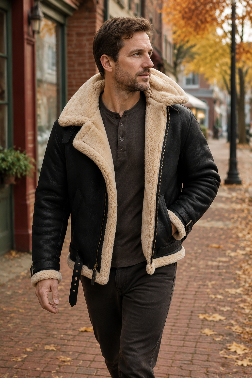 Veste en Cuir d'Agneau Véritable pour Homme avec Col en Fausse Fourrure