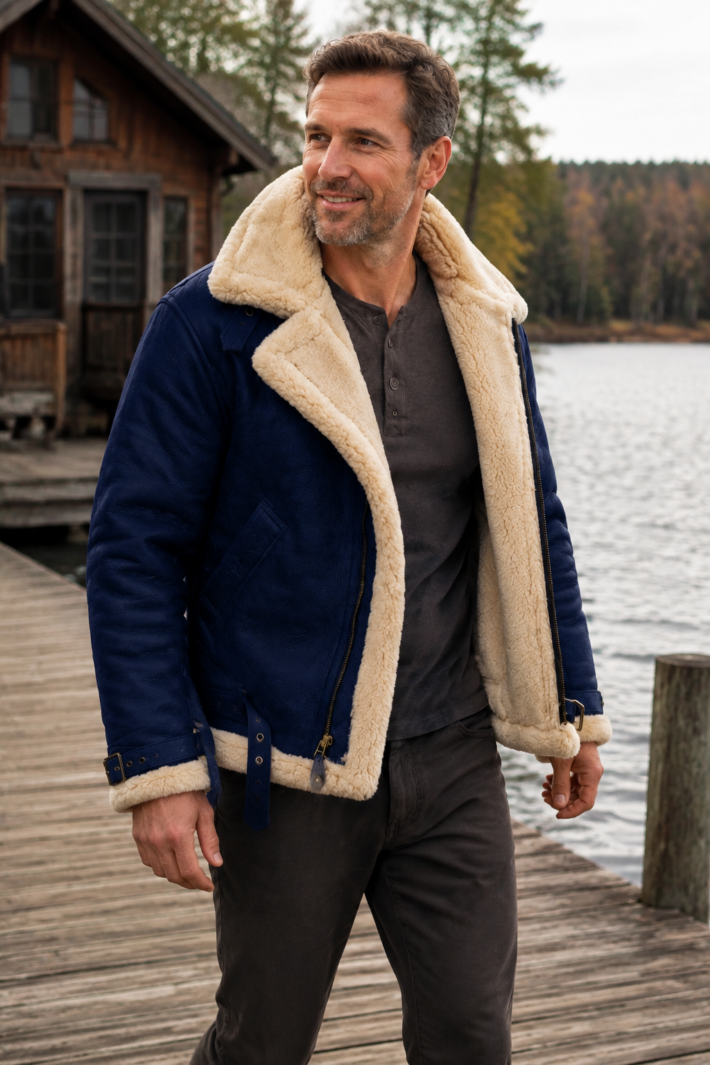 Veste en Cuir d'Agneau Véritable pour Homme avec Col en Fausse Fourrure