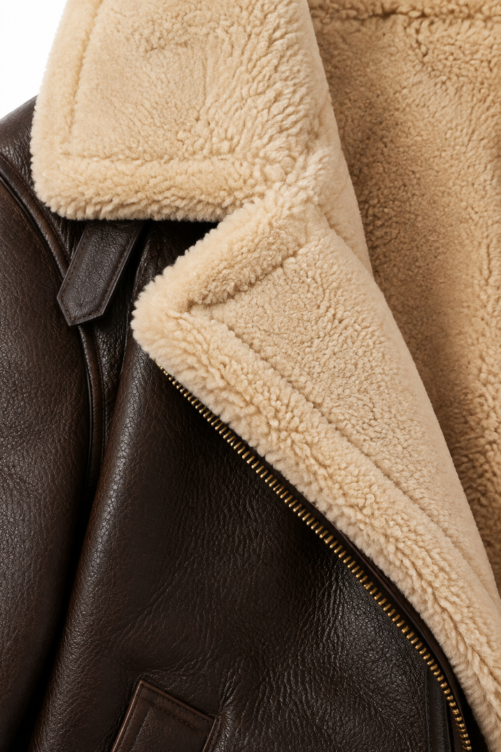 Veste en Cuir d'Agneau Véritable pour Homme avec Col en Fausse Fourrure